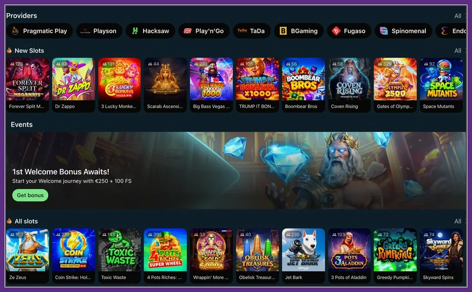 Anbieterleiste, Neue Slots, Events-Banner mit Get-bonus-Button und Reihe All slots
