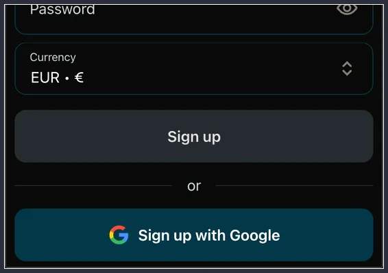 Unterer Teil des Anmeldeformulars mit Währung EUR, Sign up und Google-Anmeldung
