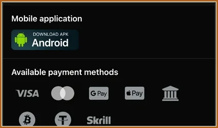 Android-APK-Download und Liste Available payment methods mit Visa, Mastercard, Google Pay, Apple Pay