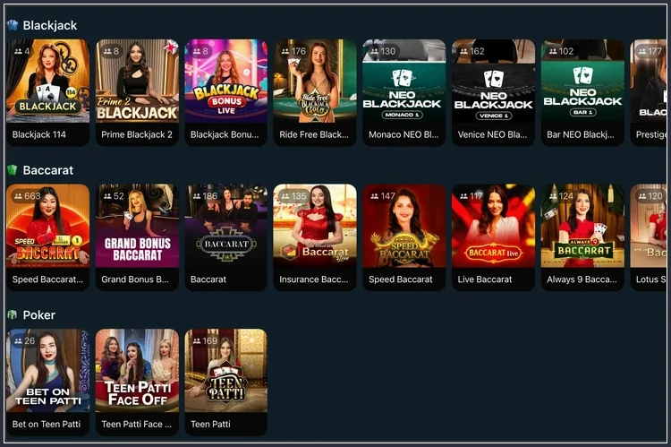 Live-Casino Reihen Blackjack, Baccarat und Poker mit Dealerkacheln und Teen Patti