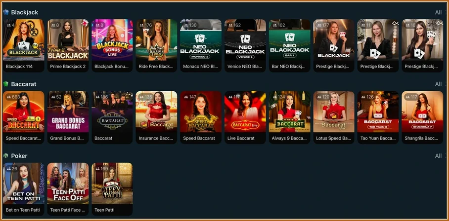 Live-Casino-Bereiche Blackjack, Baccarat und Poker mit Tischkacheln und Spielerzahlen