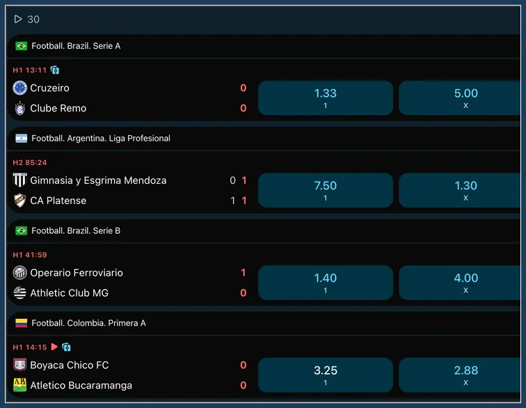Fußball-Livewetten mit Spielständen und Wettmärkten Linke Hälfte der Live-Wettliste mit Spielständen und Quoten 1 und X