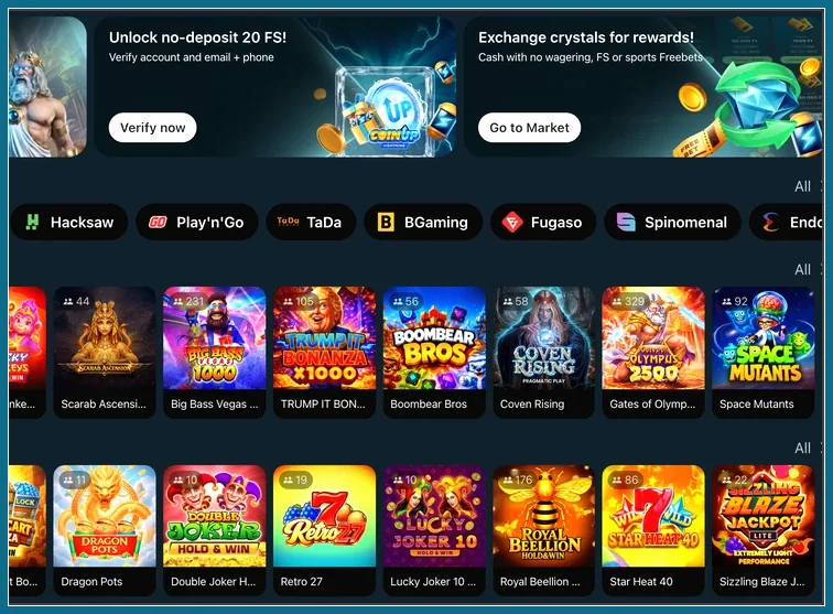 Ausschnitt der Lobby mit Verify-now-Banner, Anbieterlogos und zwei Slot-Reihen