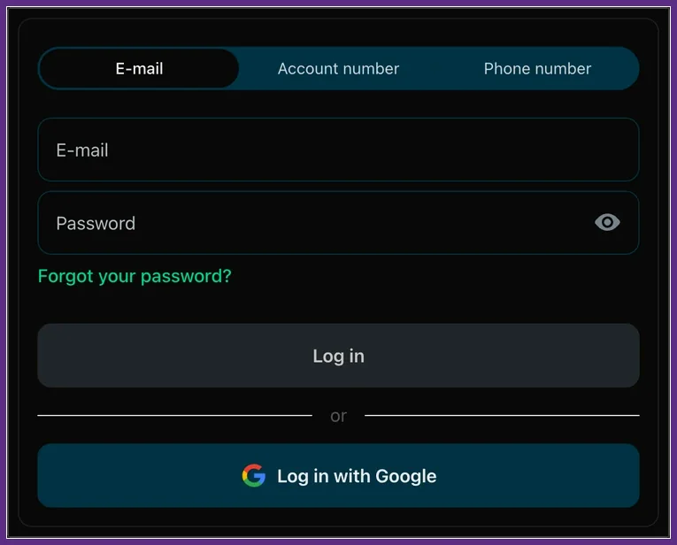 Login-Maske mit Reitern E-mail, Account number, Phone number und Passwort-vergessen-Link