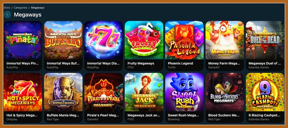 Slot-Kategorie Megaways mit Spielkacheln wie Fruity Megaways, Phoenix Legend und Money Farm