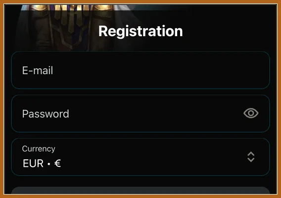 Oberer Teil des Formulars Registration mit Eingabefeldern E-mail, Password und Währungsauswahl