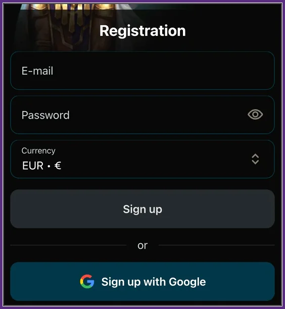 Registrierungsformular mit E-Mail, Passwort, Währung EUR sowie Sign up und Google-Button