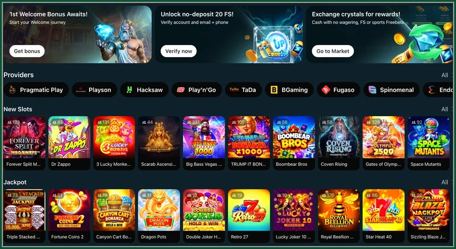 Startseite mit Aktionsbannern, Anbieterleiste und Slot-Reihen Neue Slots und Jackpot