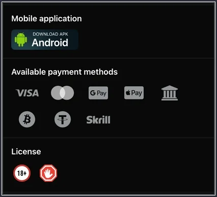 Fußbereich mit Android-APK-Download, Zahlungsarten Visa, Google Pay, Bitcoin, Skrill und Alterssymbolen